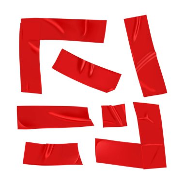 Kırmızı bant hazır. Beyaz arka planda izole edilmiş kırmızı yapışkan bant parçaları. Viski köşesi ve kağıt yapıştırılmış. Gerçekçi 3d vektör illüstrasyonu