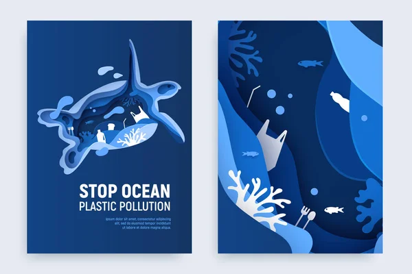 Banner de contaminación plástica oceánica con silueta de tortuga. Tortuga cortada en papel con basura plástica, peces, burbujas y arrecifes de coral sobre fondo azul. ilustración de vectores de arte de papel — Archivo Imágenes Vectoriales