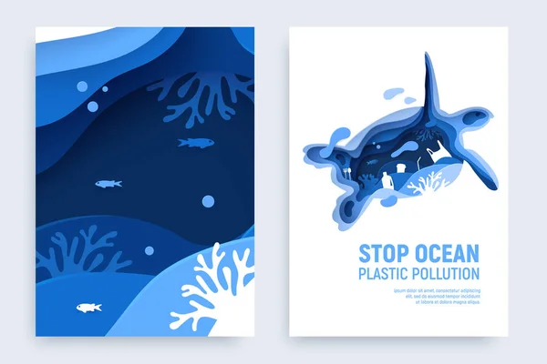 Баннер с пластмассовым загрязнением океана с черепашьим силуэтом. Бумага разрезана черепахой из пластикового мусора, рыбы, пузырьков и коралловых рифов, изолированных на белом фоне. Векторная иллюстрация — стоковый вектор