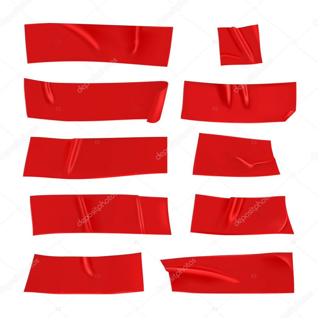 Red duct tape set. Realistic red adhesive tape pieces for fixing isolated on white background. Scotch paper glued. Realistic 3d vector illustration