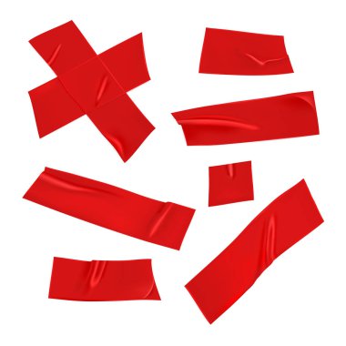 Kırmızı bant hazır. Beyaz arka planda izole edilmiş kırmızı yapışkan bant parçaları. İskoç haçı ve kağıt yapıştırılmış. Gerçekçi 3d vektör illüstrasyonu
