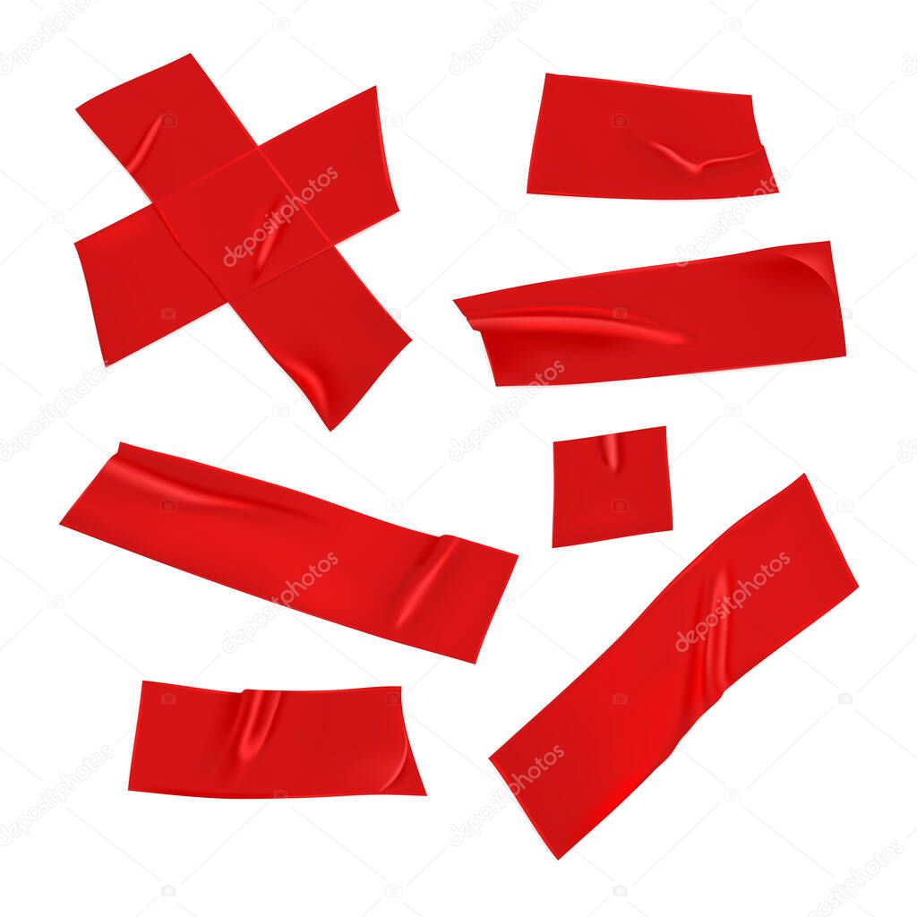 Red duct tape set. Realistic red adhesive tape pieces for fixing isolated on white background. Scotch cross and paper glued. Realistic 3d vector illustration