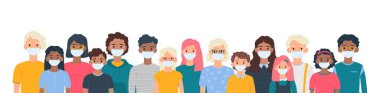 Coronavirüs covid-19, 2019-nCov 'dan korunmak için yüzlerinde tıbbi maske olan çocuklar beyaz arka planda izole edildi. Çocuk virüsü koruma konsepti. Kendine dikkat et. Vektör illüstrasyonu.