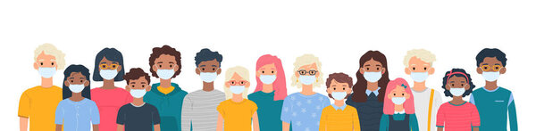Children with medical masks on faces to protect their against coronavirus covid-19, 2019-nCov isolated on white background. Kids virus protection concept. Stay safe. Vector illustration.
