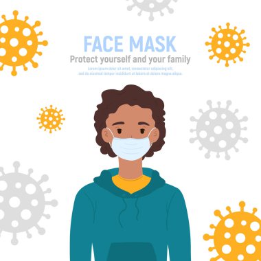 Coronavirus covid-19, 2019-nCov 'dan korumak için yüzü maskeli çocuk beyaz arka planda izole edilmiş. Çocuk virüsü koruma konsepti. Kendine dikkat et. Vektör illüstrasyonu.