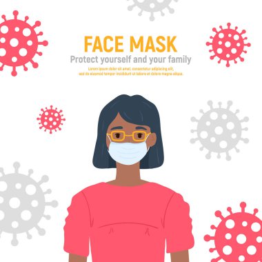 Coronavirus covid-19, 2019-nCov 'dan korunmak için yüzü maskeli kız beyaz arka planda izole edilmiş. Çocuk virüsü koruma konsepti. Kendine dikkat et. Vektör illüstrasyonu.