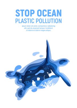 Okyanus plastik kirliliği pankartı ve kaplumbağa silueti. Beyaz zemin üzerinde plastik çöp, balık, baloncuk ve mercan resifleri olan kağıt kesimi kaplumbağa. Kağıt sanatı vektör çizimi.