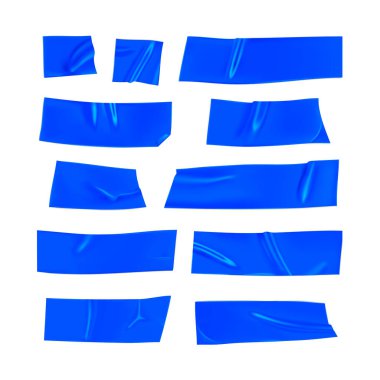 Mavi koli bandı hazır. Beyaz arka planda izole edilmiş mavi yapışkan bant parçaları. Kağıt yapıştırılmış. Gerçekçi 3d vektör illüstrasyonu.