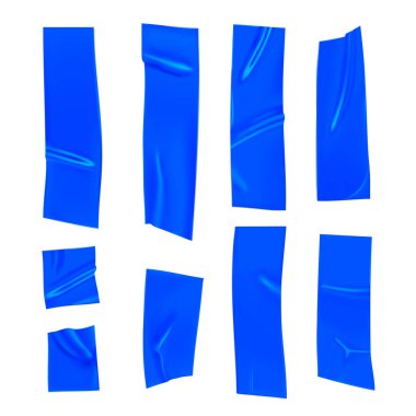 Mavi koli bandı hazır. Beyaz arka planda izole edilmiş mavi yapışkan bant parçaları. Kağıt yapıştırılmış. Gerçekçi 3d vektör illüstrasyonu.