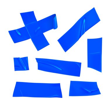 Mavi koli bandı hazır. Beyaz arka planda izole edilmiş mavi yapışkan bant parçaları. Yapıştırıcı haç ve kağıt yapıştırılmış. Gerçekçi 3d vektör illüstrasyonu.