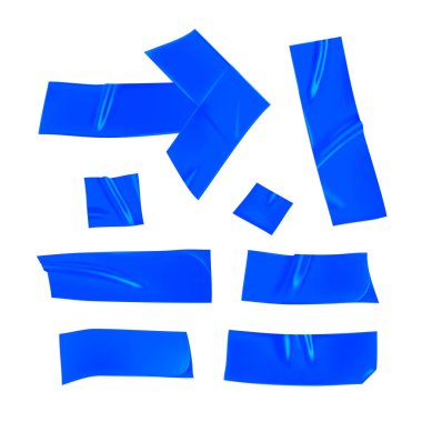 Mavi koli bandı hazır. Beyaz arka planda izole edilmiş mavi yapışkan bant parçaları. Ok ve kağıt yapıştırıldı. Gerçekçi 3d vektör illüstrasyonu.