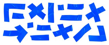 Blue duct tape set. Realistic blue adhesive tape pieces for fixing isolated on white background. Arrow, cross, corner and paper glued. Realistic 3d vector illustration. clipart