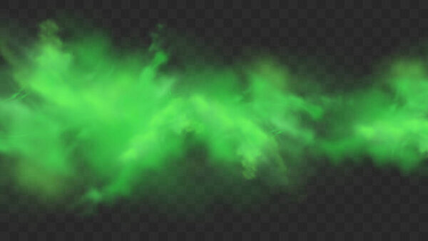 Green smoke isolated on transparent background. Realistic green bad smell, magic mist cloud, chemical toxic gas, steam waves. Realistic vector illustration.
