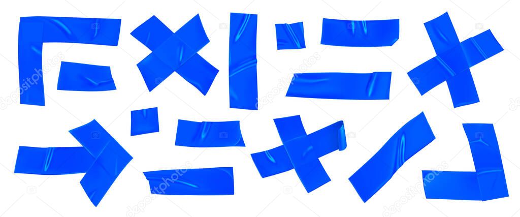 Blue duct tape set. Realistic blue adhesive tape pieces for fixing isolated on white background. Arrow, cross, corner and paper glued. Realistic 3d vector illustration.