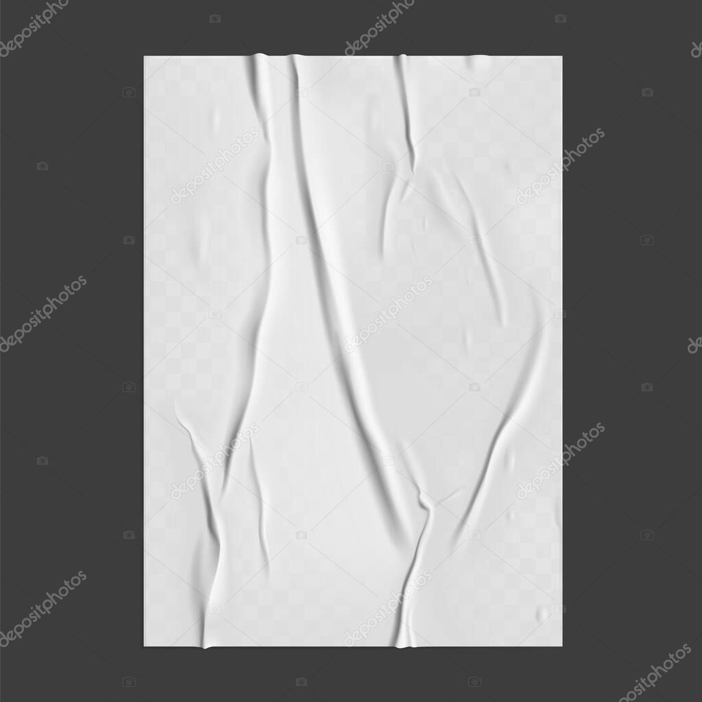 Glued paper with wet transparent wrinkled effect on gray background. White wet paper poster template with crumpled texture. Realistic vector posters mockup.
