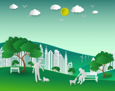 Çevre doğa ve bina kavramı, çift köpekler mutlu şehir parkında tr