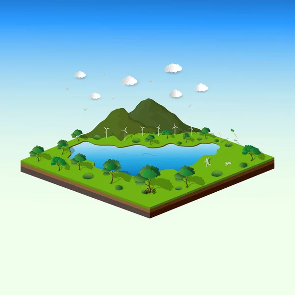 Concepto de paisaje isométrico con la naturaleza y el medio ambiente, salvar la tierra y el medio ambiente mundial — Vector de stock