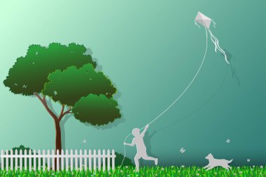 Aşk dünya kavramı kaydetmek çevre ve doğa, uçurtma ile köpek çayırda oynayan mutlu çocuk