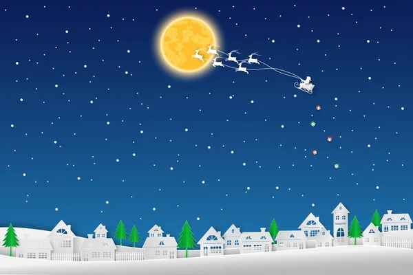 Joyeux Noël, Père Noël volant avec des rennes sur fond bleu nuit, papier découpé et artisanat paysage d'hiver, illustration vectorielle — Image vectorielle