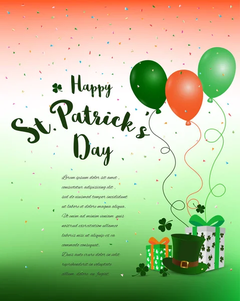 Joyeuse Saint-Patrick, fond coloré avec boîte cadeau, ballon, confettis et place pour votre texte — Image vectorielle