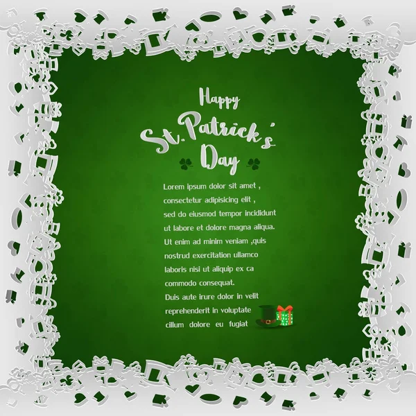 Cadre laqué blanc avec lettrage sur fond vert pour la Saint-Patrick, style papier découpé — Image vectorielle