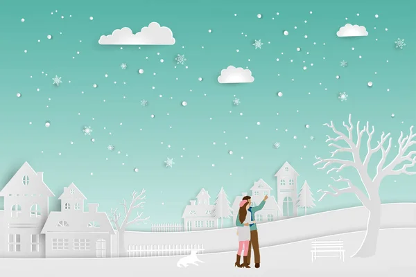 Concept Amour Saison Hivernale Couple Debout Sur Neige Avec Paysage — Image vectorielle