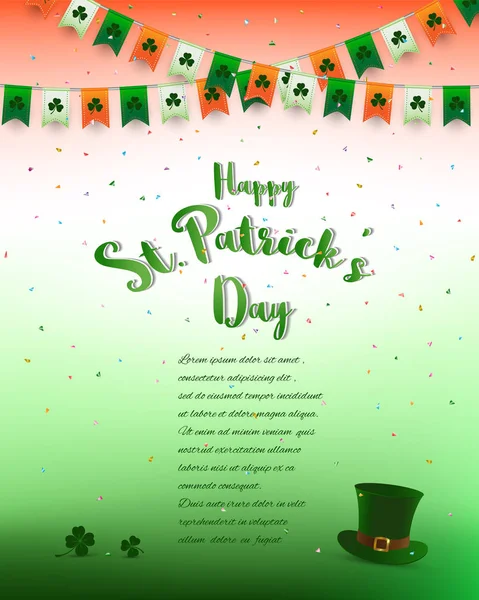 Fond de la Saint-Patrick, design avec lettrage, confettis et bunting en couleurs irlandaises, pour invitation, carte de vœux, affiche ou bannière — Image vectorielle