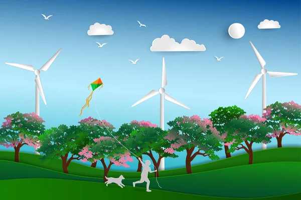 Terug naar de natuur en het opslaan van het milieu concept, gelukkig kind kite spelen in de weide met hond, papier kunst design — Stockvector