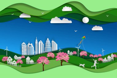 Kavramı, çevre dostu ve yeşil doğa ile çevre peyzaj kağıt sanat sahne arka plan, uçurtma ile köpek sakura parkta oynayan mutlu çocuk
