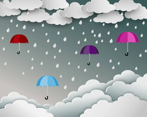 Season of rainy in paper art scene background,umbrella floating over the cloud nature landscape