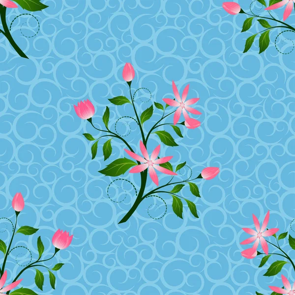 Fleurs roses sans couture dans un fond bleu doux, motif abstrait de floral décoratif, peut être utilisé pour le papier peint, surface ou papier d'emballage — Image vectorielle