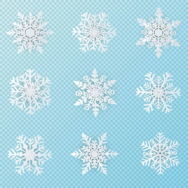Set Von Weißen Weihnachten Schneeflocken Papierkunst Auf Transparentem Hintergrund Für — Stockvektor