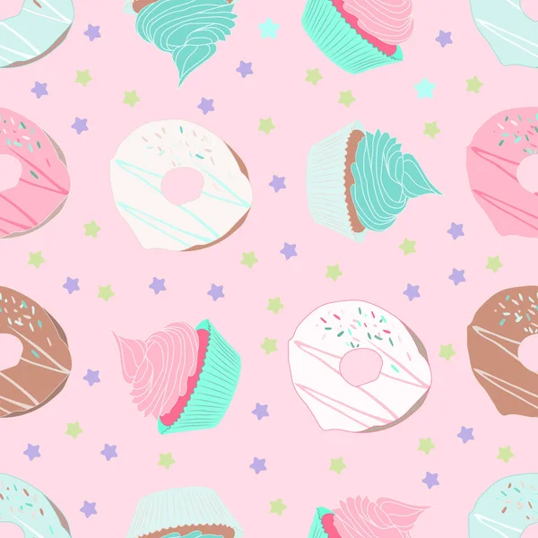 Modello senza cuciture con ciambelle, stelle, cupcake su sfondo rosa — Vettoriale Stock