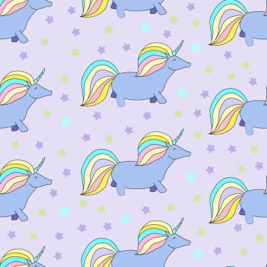  Tek boynuzlu atlar ve yıldız ile Seamless modeli. Fantezi duvar kağıdı. Şirin sihirli arka plan