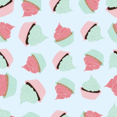 Seamless modeli üzerinde açık mavi renkli kekler. Vektör tatlılar