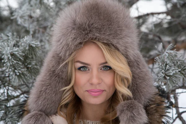 하얀 털에 눈송이가 달린 아름다운 미소를 짓고 있는 아름다운 여인의 겨울 초상화 — 스톡 사진