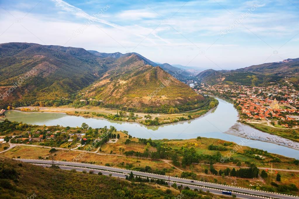 The Top View Of Mtskheta, Georgia, The Old Town Lies At The Confluence Of The Rivers Mtkvari And Aragvi