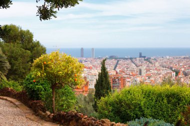 Panoramik manzaralı Barcelona ve yürüyüş yolundan Park Guell bir yaz günü, İspanya