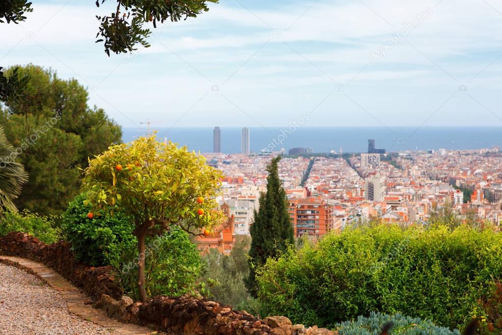 Panoramic view of Barcelona and walk path from Park Guell in a summer day in Spain