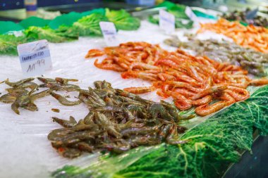 Buzdaki balıkçılar pazarında ekranda yakın taze çiğ karides mağaza