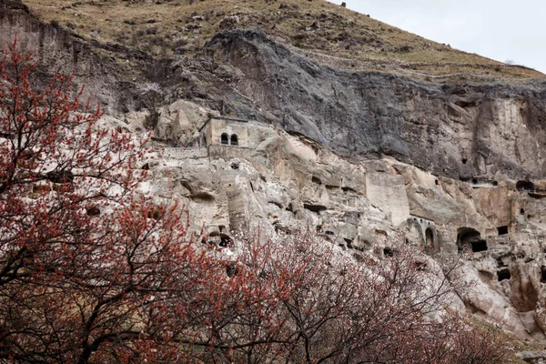 Hermosa vista de otoño desde el árbol rojo en la cueva de Vardzia ciudad-monasterio en la montaña Erusheti, Georgia —  Fotos de Stock