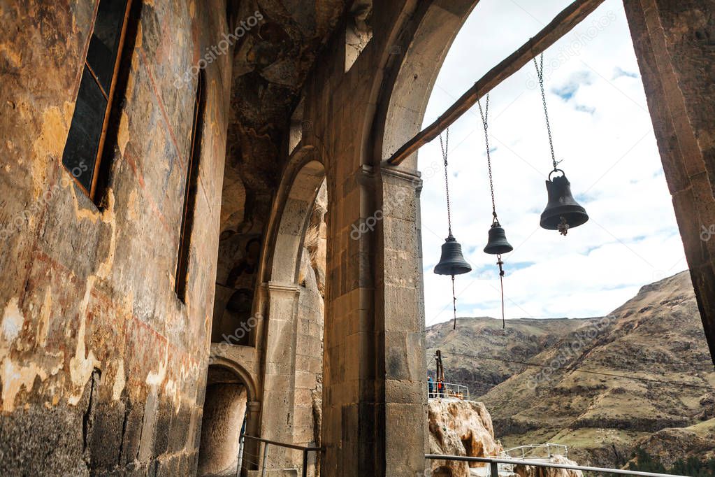 Arch bells view from Church and chapel in Vardzia cave city-monastery in the Erusheti Mountain, Georgia