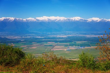 Signagi ve Alazani vadisinde Caucasus dağ zinciri üzerinde görünümü ile kar