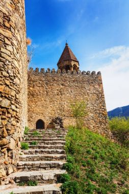 Kale ve kilise Ananuri, rezervuar Zhinvali kıyıda duran güzel panoramik görünüm. Gürcistan