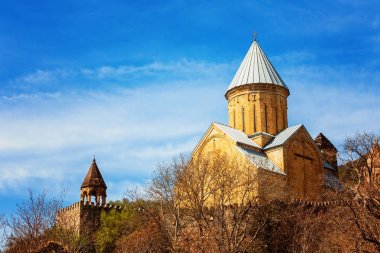 Kale ve kilise Ananuri, rezervuar Zhinvali kıyıda duran güzel panoramik görünüm. Gürcistan