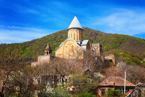 Bonita vista panorámica de la fortaleza y la iglesia de Ananuri, de pie en la orilla del embalse Zhinvali. Georgia — Foto de Stock