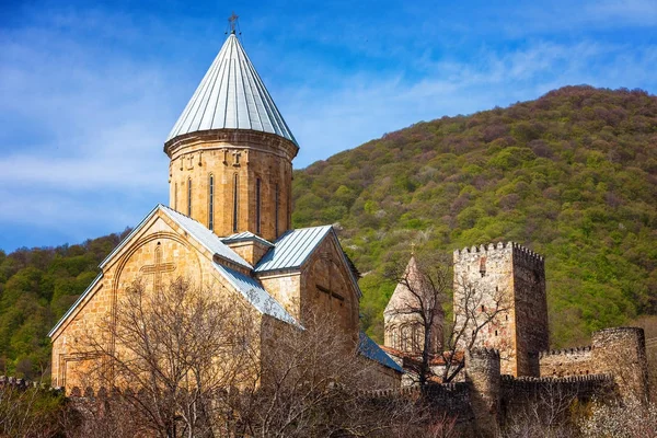Bella vista panoramica sulla fortezza e la chiesa di Ananuri, in piedi sulla riva del serbatoio Zhinvali. Georgia — Foto Stock