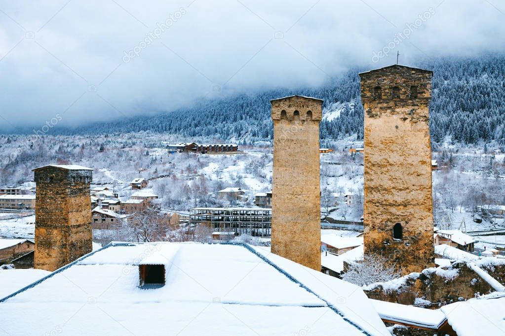 Medieval towers in Mestia in the Caucasus Mountains, Upper Svaneti, Georgia.