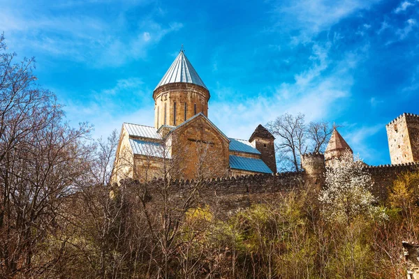 Bella vista panoramica sulla fortezza e la chiesa di Ananuri, in piedi sulla riva del serbatoio Zhinvali. Georgia — Foto Stock