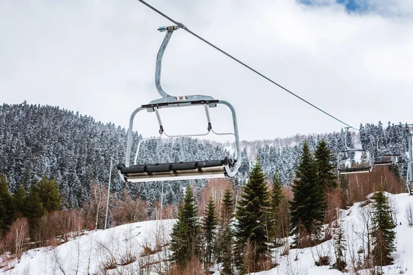 Hatsvali Khatsvali görünümünden resort teleferik kışın kayak. Kablolar, orman ve dağ dır. Mestia, Gürcistan